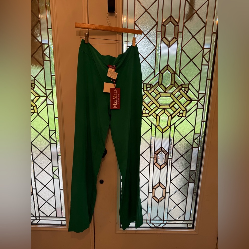 MaxMara Emerald Green  silk Draped Wide-Leg Trousers silk pant lined w Viscose